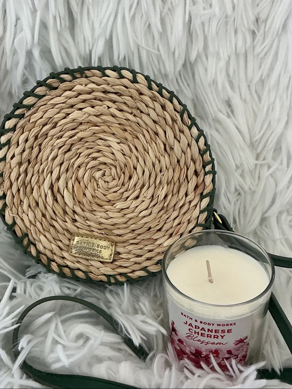Bath and Body Works round woven crossbody and Japanese Cherry Blossom Candle